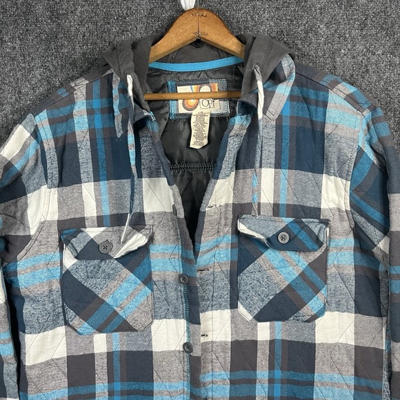 Vintage 90s Y2K OP Shacket Mens L Flannel Plaid Hoodie Quilted Blue Gray Skiwear - Picture 2 of 14